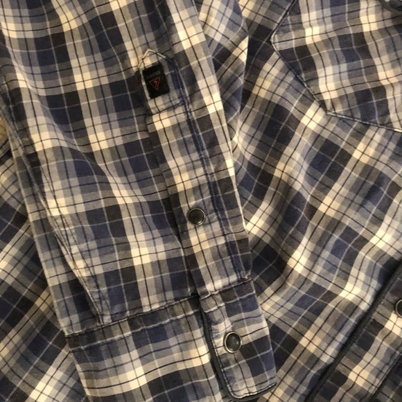 Guess 1981 Los Angeles Western Plaid Shirt Sz. L Pearl Snap Blue Chest Pockets - Picture 4 of 7